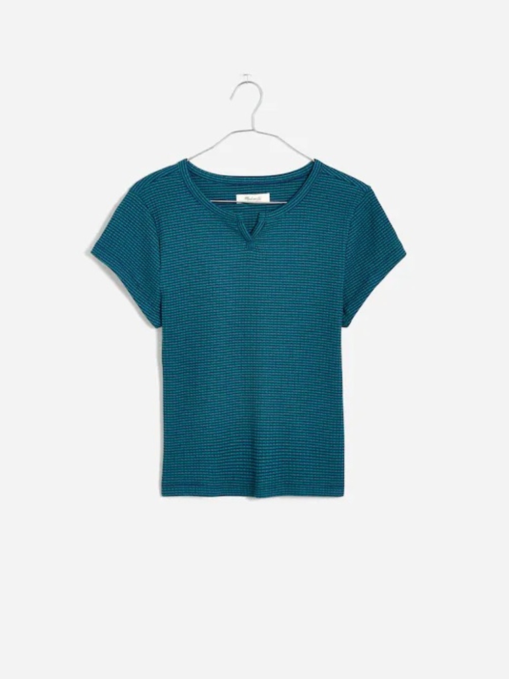 Madewell Teal/Blue/Green Ribbed/Striped Split Neck Short-Sleeve Tee